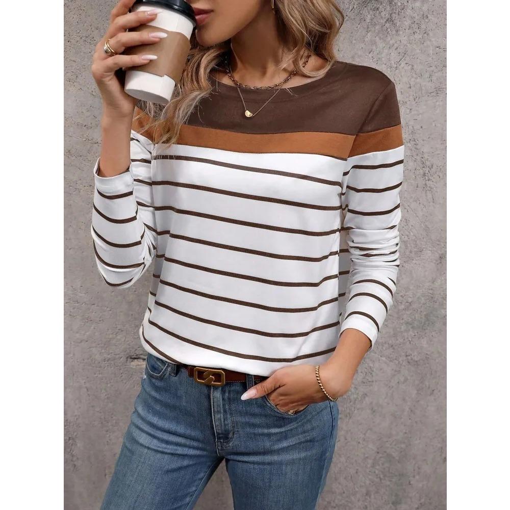 T-shirt da Donna alla Moda a Maniche Lunghe con Stampa a Righe Retrò, Cartoni Animati, Comoda, Casual, Sportiva, Larga, Versatile, Girocollo