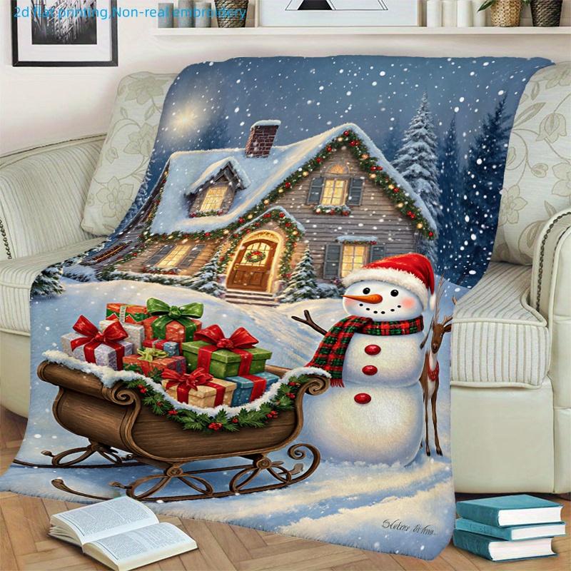 1pc Christmas Theme Snowman And Sleigh Printed Blanket, Festive Atmosphere, Multi-Size Available, Autumn Thanksgiving Christmas Nap Blanket, Suitable