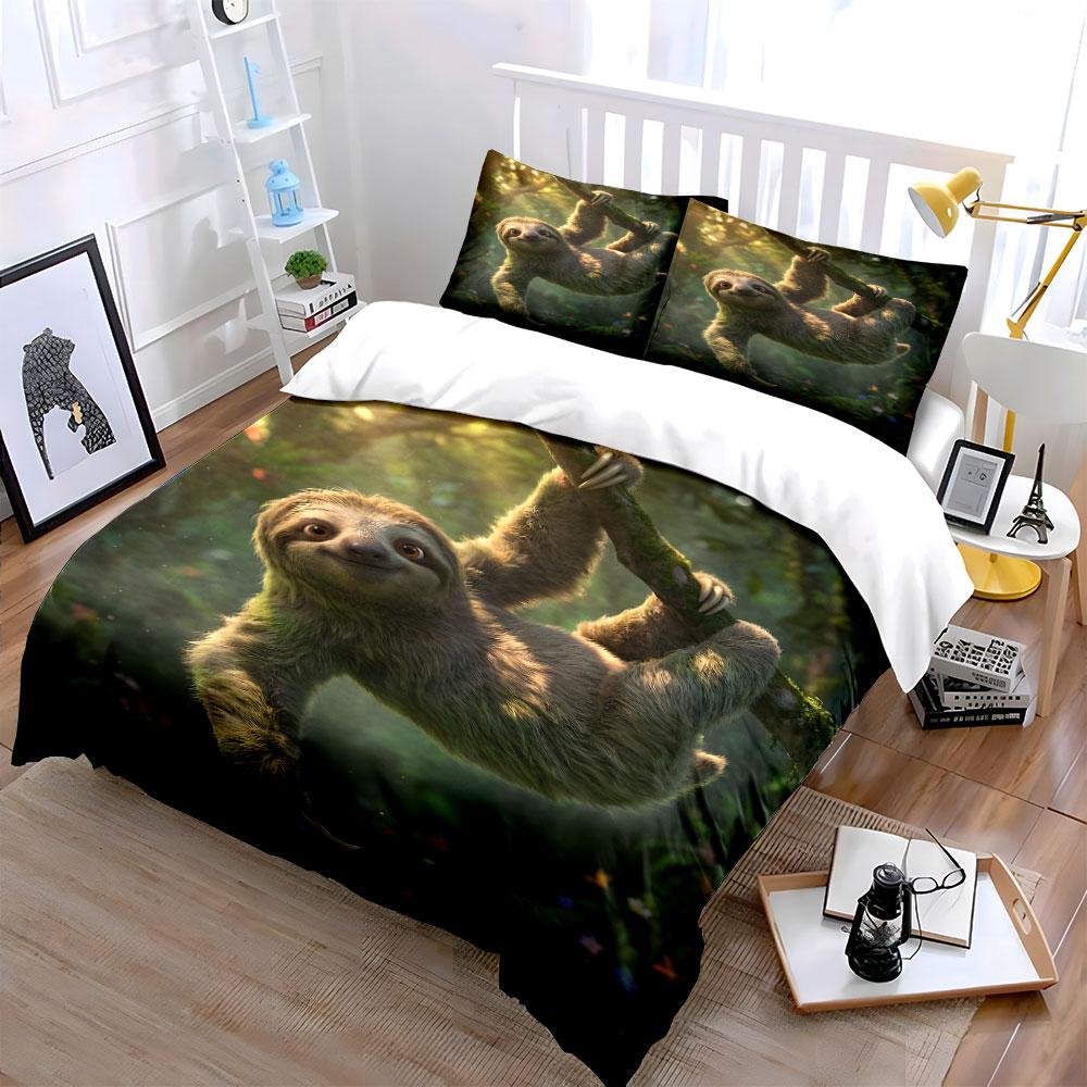 Sloth Climbing On Tree Bedding Set for Kids Luxury Gift 3pcs Digital Print Comforter Set Soft Comfortable Breathable