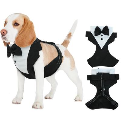 Dog Tuxedo Vest with Bow Tie, Formal Wedding Harness Outfit for Small Dogs, Puppy Party Suit Costume with Chest Strap
