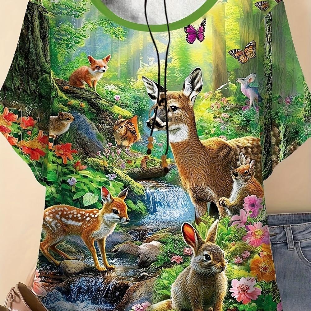 T-shirt da Donna Taglie Forti con Stampa Animali del Bosco, Top Casual Girocollo a Maniche Corte, Abbigliamento Estivo per Esterno