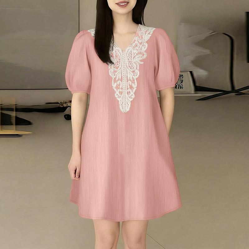ZANZEA Women Casual Lace Crochet Splice V-Neck Loose Half Sleeve Dress S розовый
