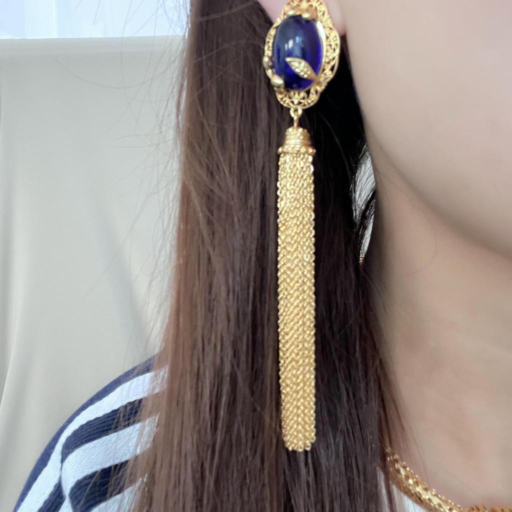 Vintage Blue Glass Tassel Earrings and Necklace Set - Luxurious High-End Jewelry