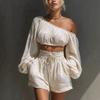 French Lazy Wind Slant Shoulder Long Sleeve Short Top High Waist Fungus Edge Casual Shorts Suit Women