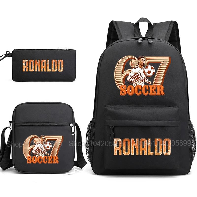 CR7 Ronaldo Backpack Football 67 Print School Bag With Shoulder Bag & Pencil Case For Student Boys Gift Daily Travel Rucksack