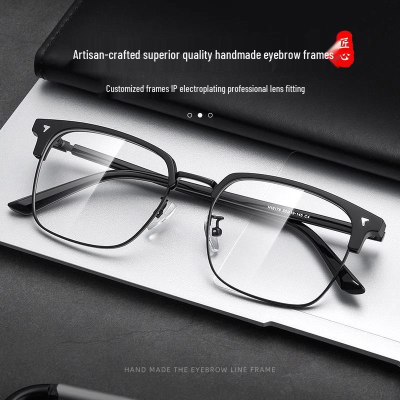 Men's TR90 Ultralight Browline Semi-Rimless Eyeglasses Frame with Anti-Blue Light, Suitable for Prescription Lenses