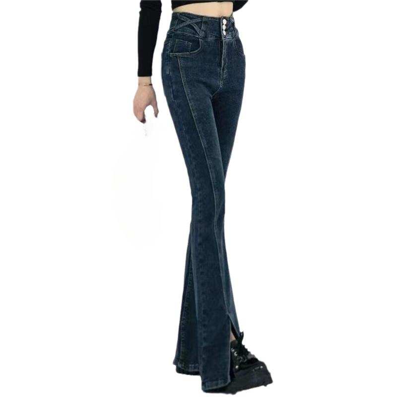 Pikantna Dziewczyna Seksowny Slim Fit Boczne Szwy Przesunięte do Przodu dla Efektu Wyszczuplenia i Wysokiego Kroju, Rozporek, Mikro Rozszerzane Damskie Jeansy