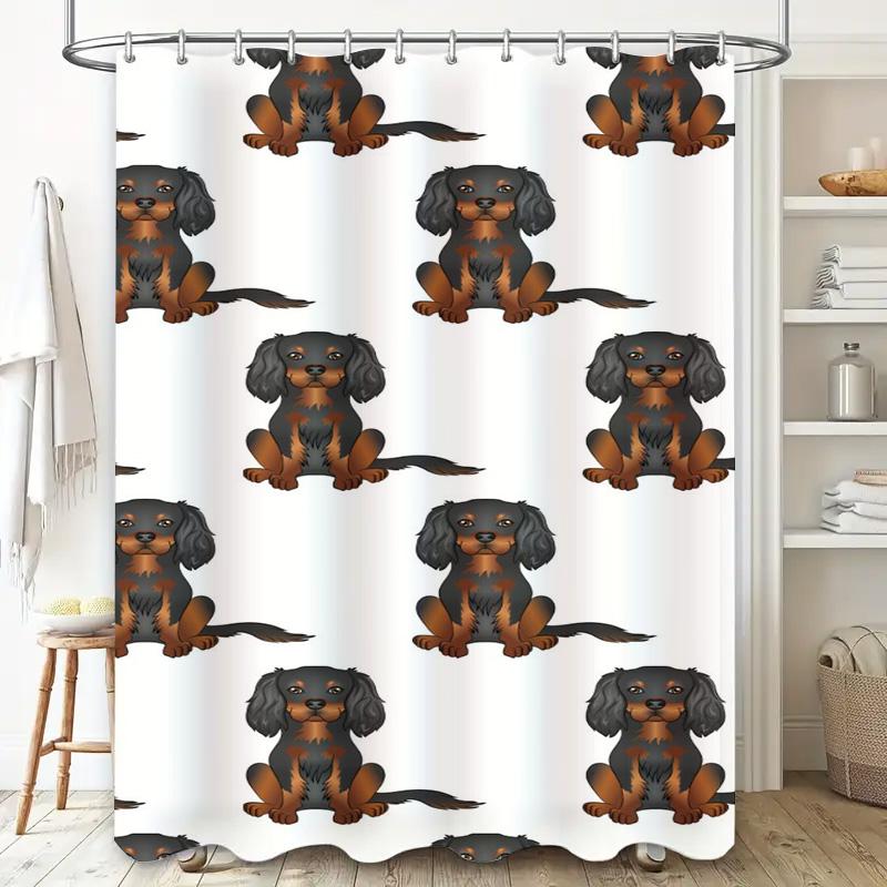 Black and Brown Dog Pattern Shower Curtain Waterproof Fabric Bath Decor Rectangular Shape