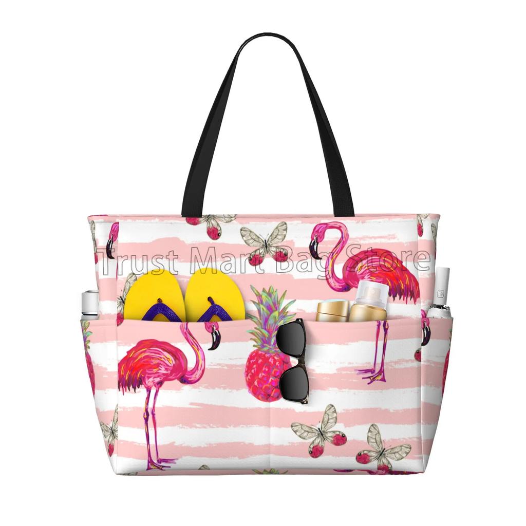 Rosa Flamingo-Print Große Strandtasche Damen Tragbare Reisetasche Wasserdicht Sandfest Pooltasche für Schwimmen Fitnessstudio Lebensmittel Urlaub