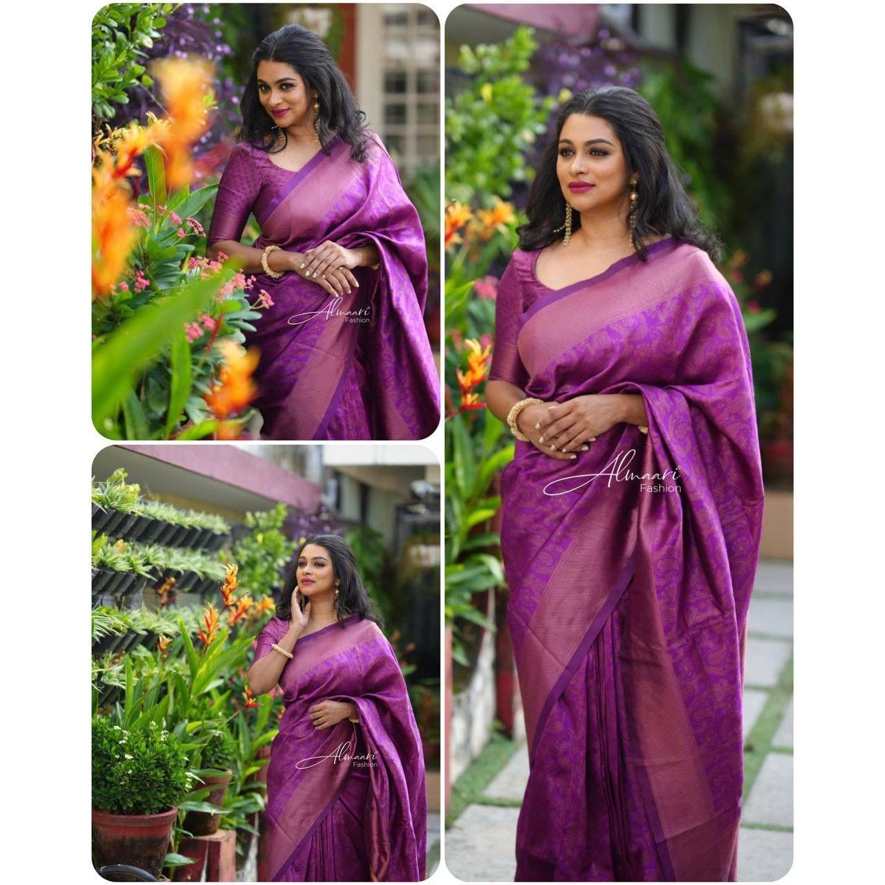 

Шелковое сари из магазина ALMAARI украшено красивой работой сари в виде традиционных мотивов.