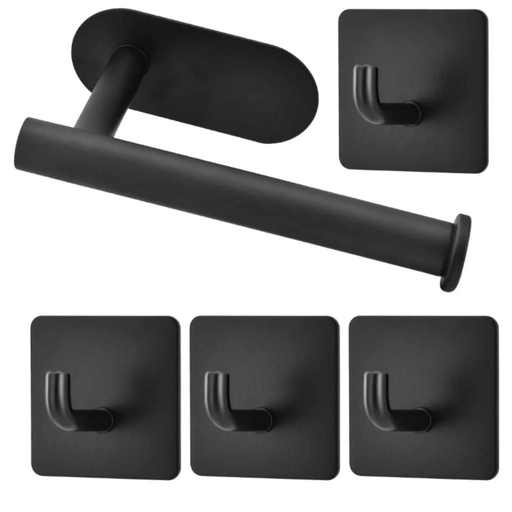5Pcs Black Stainless Steel Toilet Paper Towel Holder No Punching Wall Mounted Adhesive Hook Paper Roll Rack