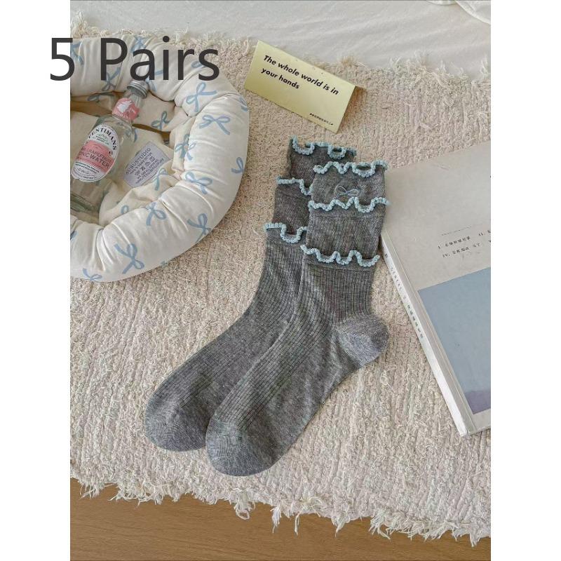 5 Pairs of Women's Summer Thin Breathable Cotton Lace Bow In The Tube Pile Socks