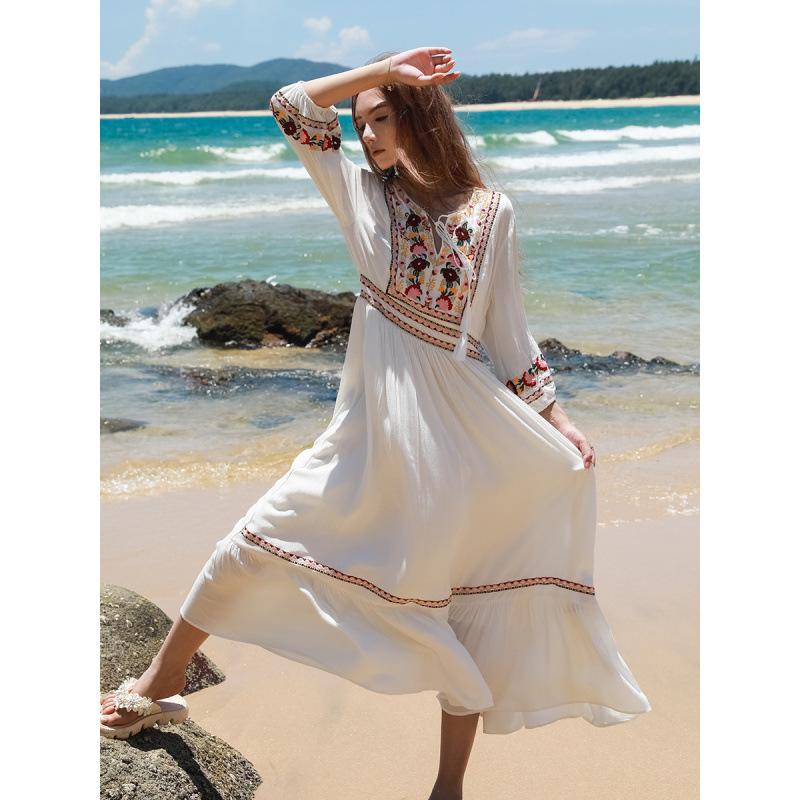 Women's White Embroidered Ethnic Summer Beach Dress with Big Swing Skirt