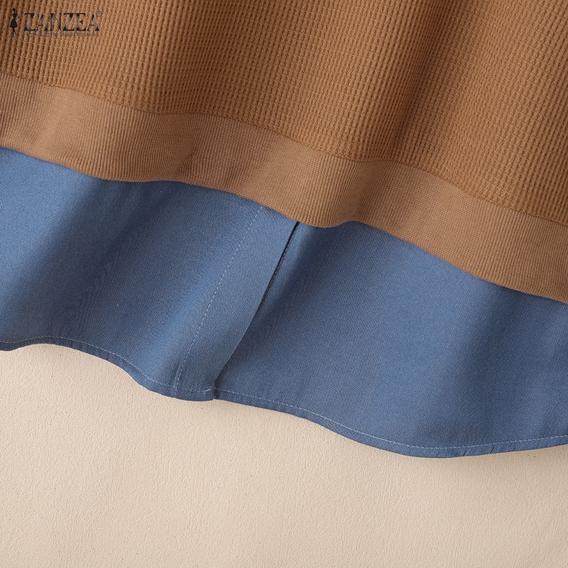 ZANZEA Women Casual Round Neck Patchwork Long Sleeve Loose Autumn Pullover Tops