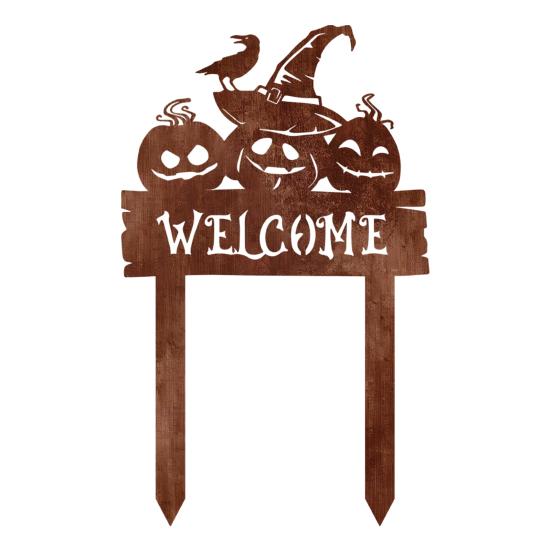 Halloween Landscape Accents Rusty Metal Pumpkin Garden Stake, Spooky Evil Face Welcome Yard Sign, Silhouette Stakes Outdoor Decorative Lawn
