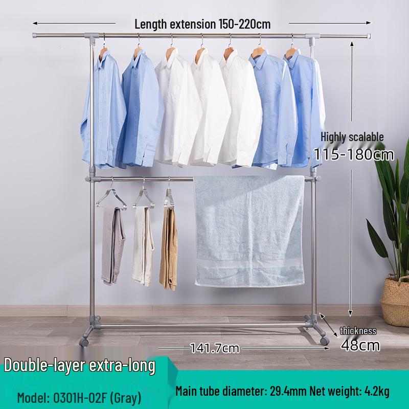 Double-Layer Telescopic Clothes Drying Rack: Outdoor/Indoor, Extendable, Mobile, Single-Pole Rack