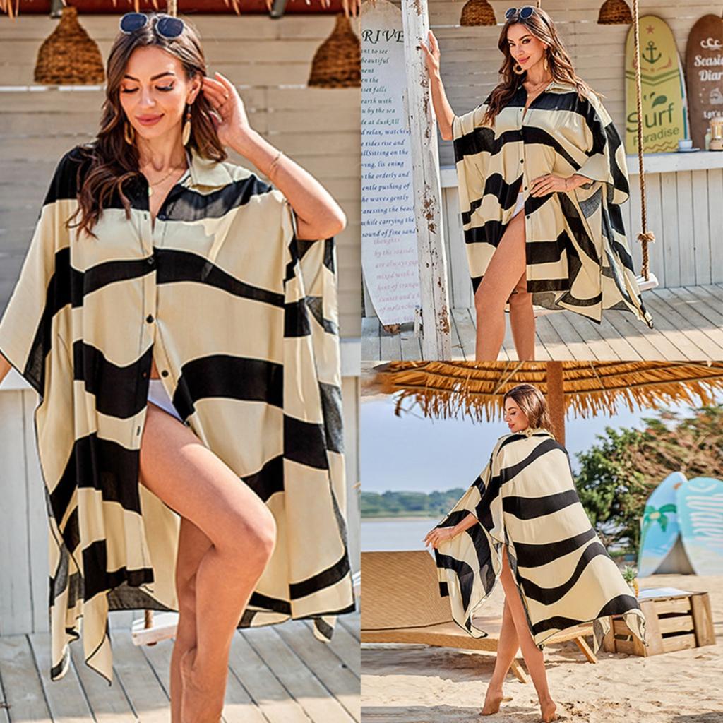 Printed Shirt Beach Jacket Bikini with Sun Protection Cardigan Vacation Swimsuit Blouse