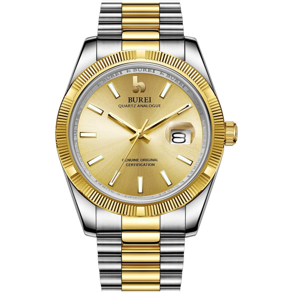 BUREI Men's Waterproof Quartz Analog Watch, Simple and Popular for Business and Fashion, Gold and Silver Luminous Finish, Perfect as a Birthday Gift