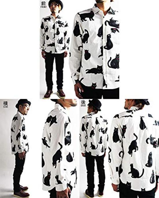Quintet Black Cat Print Long Sleeve Made in Size White Men's Shirt, Casual, Japan, XL, (Product Code 01-78737)