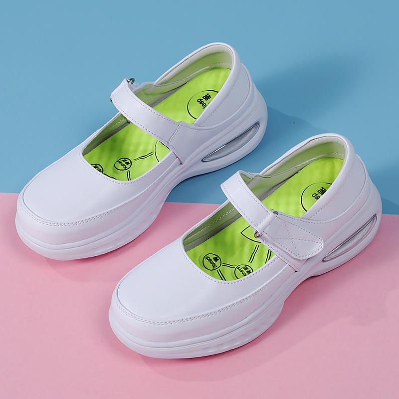 Fashion Leather Air Cushion Nurse Shoes Breathable Women Ladies Thick Soled Shoes Non-Slip White Medical Shoes One-Step Flat