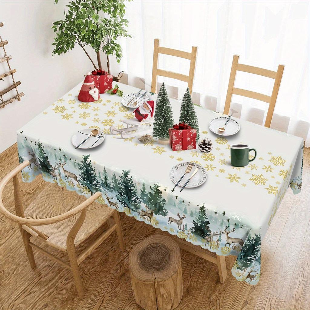 Christmas Golden Snow Deer Tablecloth for Table Decor Washable Winter Xmas Tree Kitchen Dining Table Cloth Christmas Decorations