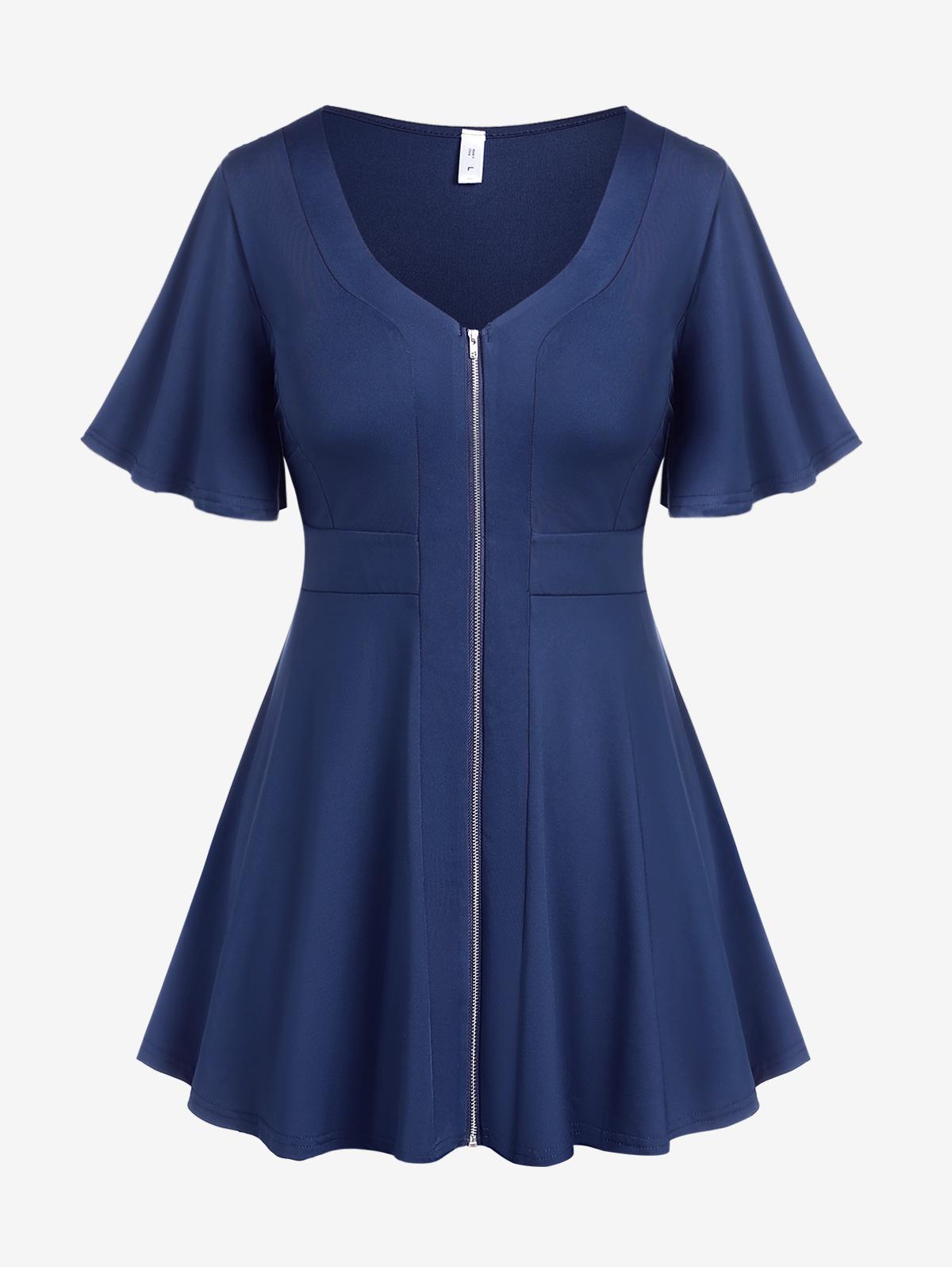 

Rosegal Plus Size Однотонная футболка с короткими рукавами на молнии M синий/глубокий