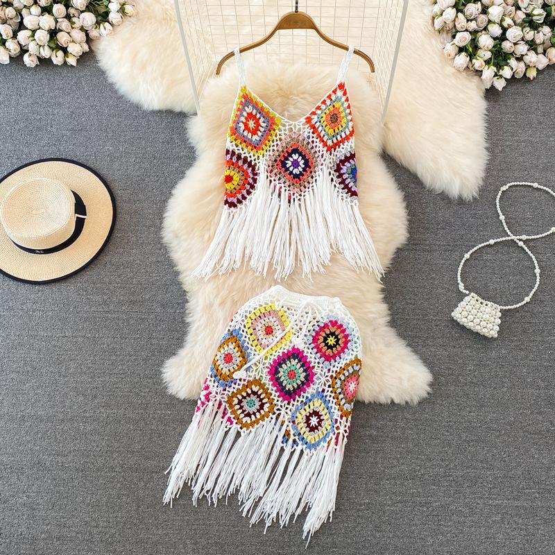

Fashion Suit Bohemia Holiday Crochet Knitting Tassel Contrast Color Sling Vest Two-Piece Set High Waist Skirt White One size