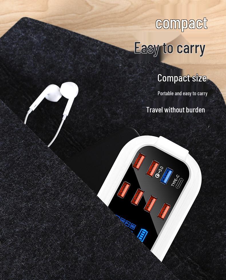Multi-Port USB Charger with PD Fast Charging, Digital Display, 8 Ports & Multiple Interfaces