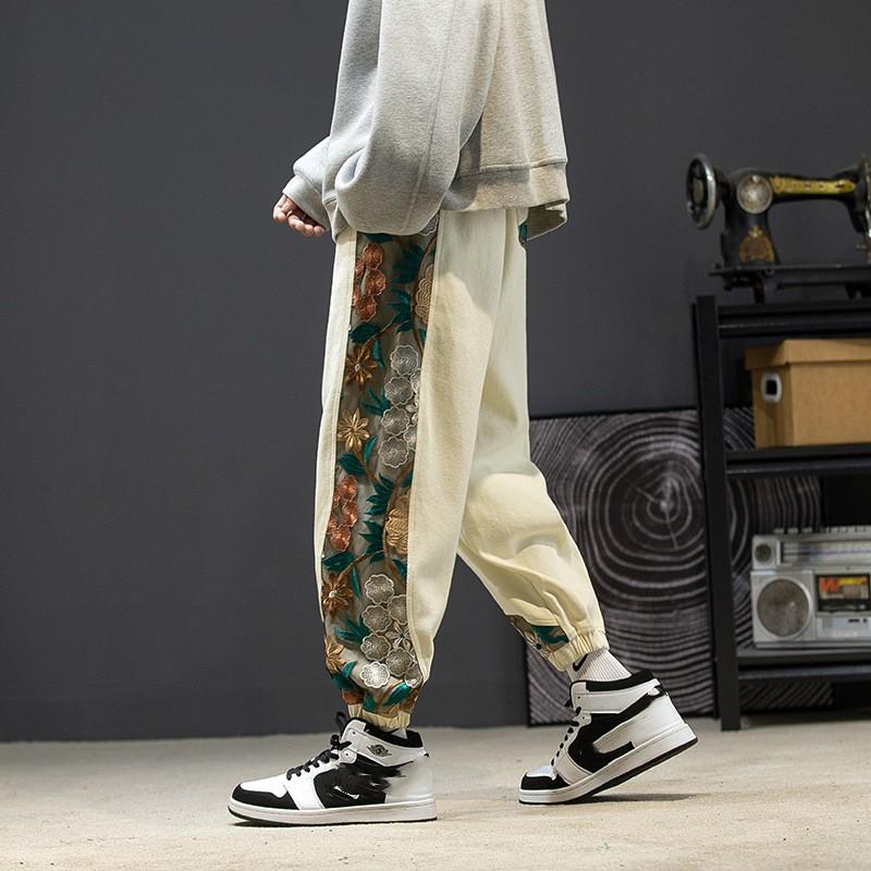 Men's Fall and Winter Loose Casual Pants Embroidered Retro Mid-waist Color Collision Tie Cord Pants
