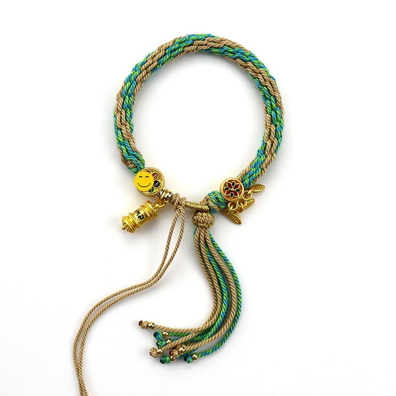 Woven Zhakiram Five Wealth Gods Eye Bracelet with Green Tara and Manjushri Thangka Design