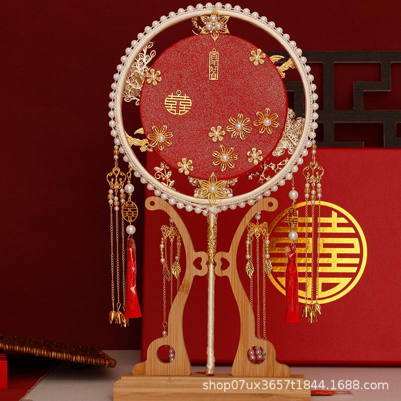 Two-color Double-sided Heavy Embroidery Bridal Wedding Fan DIY Kit - Xiu He Style