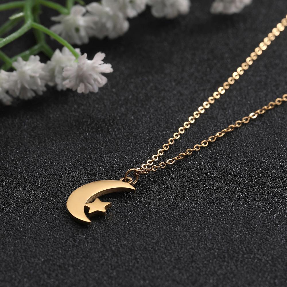 Stainless Steel Crescent Moon Star Pendant Necklace Ladies Birthday Party Jewelry Gift Cute Fashion Accessory