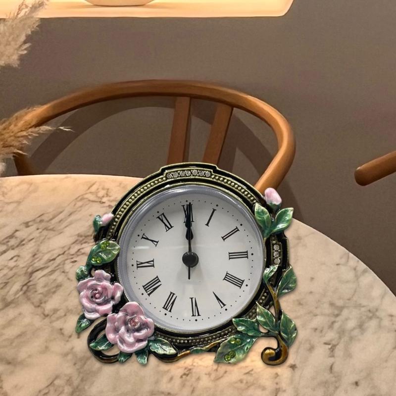 Mini Analog Table Clock Quiet Desk Clock Handpaint Metal Enamel Florals Battery Operated Clock for Shelf Bedroom Bedside