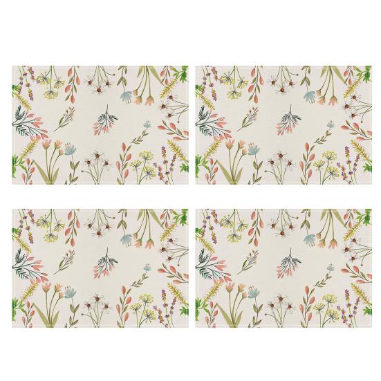 4Pcs Floral Linen Placemats 30x45cm Washable Reusable Heat-Resistant Table Mats with Plant Flower