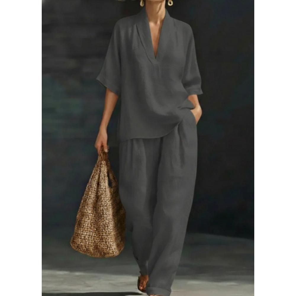 Women's V Neck Three Quarter Sleeve Loose Fit Solid Color Linen Blend 2 Piece Outfit High Waist Wide Leg Pants Casual Summer Loungewear Set