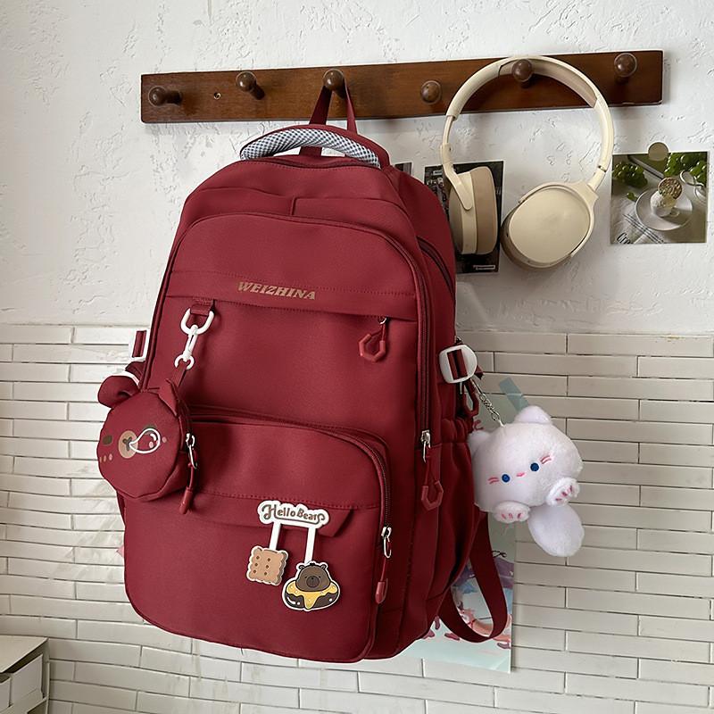 Color Solid Simple Letter Pattern Student Backpack With Decoration Pendant