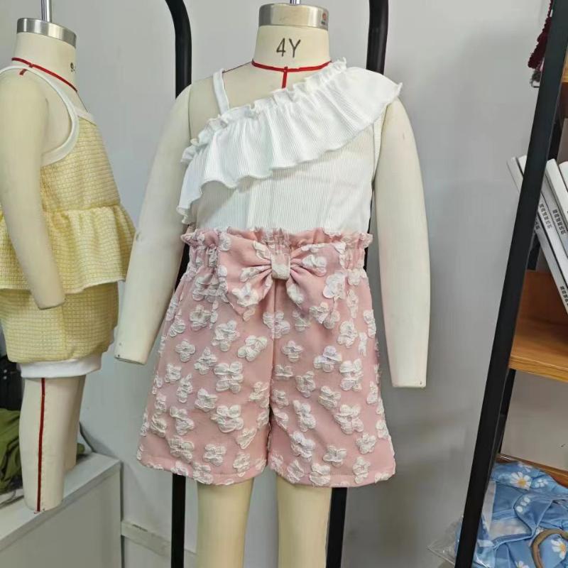 Sweet Girl's Summer Children's Suit, Ruffled Single-piece Halter Top, Pink Printed Shorts Two-piece Set