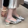 French Square Head Bow Thick Heel Bag Head Sandals Women's Outer Wear Summer 2025 New Light Mouth Empty Single Shoes
