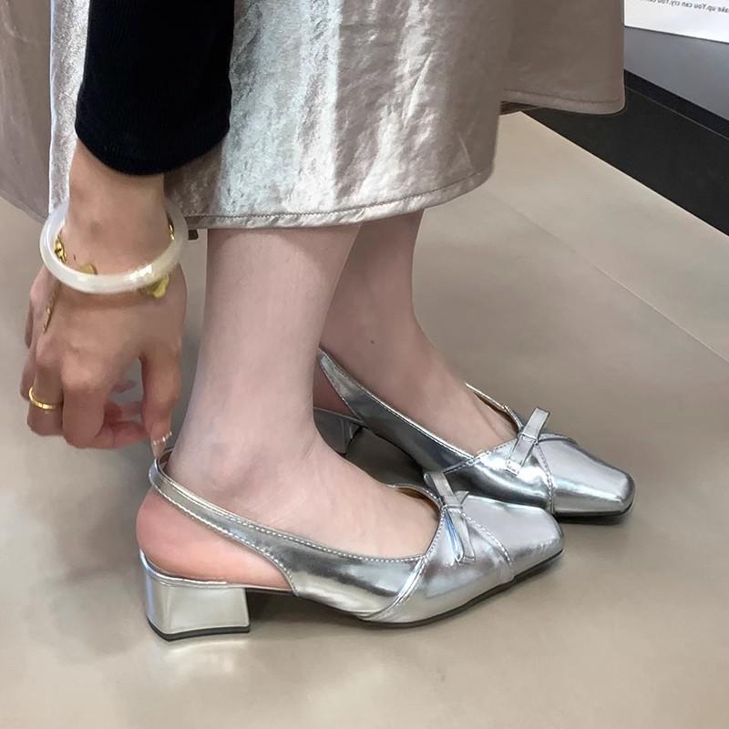 French Square Head Bow Thick Heel Bag Head Sandals Women's Outer Wear Summer 2025 New Light Mouth Empty Single Shoes