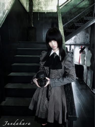[Jundakara] Gothic Striped Dress for Women, Long Sleeves, Short Length, Cute and Dark Style, Detachable Ribbon, A-Line, Classical Fashion, Gothic Loli
