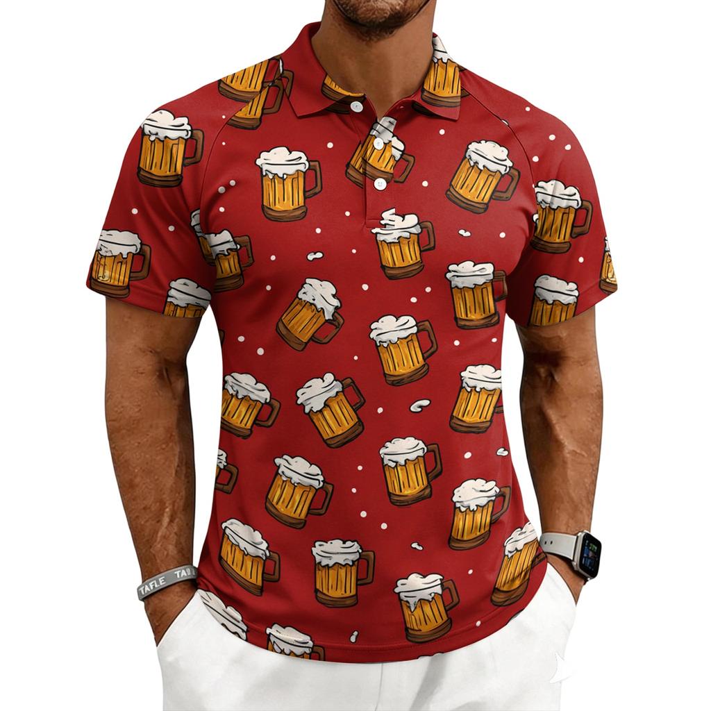Men's Casual Printed Polo Shirt Short Sleeve Turn Down Collar Button Up Top with Graphic Pattern for Everyday Wear