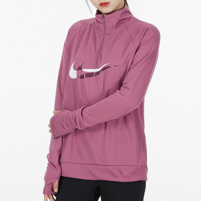 Nike Dri-Fit Double Swoosh Half-Zip Quick-Dry Reflective Long-Sleeve T-Shirt Women Tops Deep-Red DD6842-507