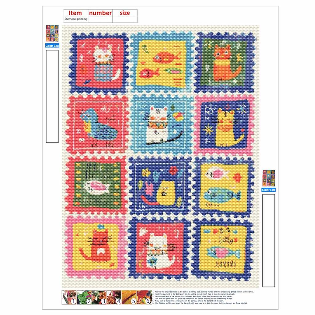 Vollbohrer Diamantmalerei Set Niedliche Katzen und Fische Stempelmuster DIY Kreatives Bastel-Leinwand für Heimdekoration Wandkunst Hobby Geschenkidee