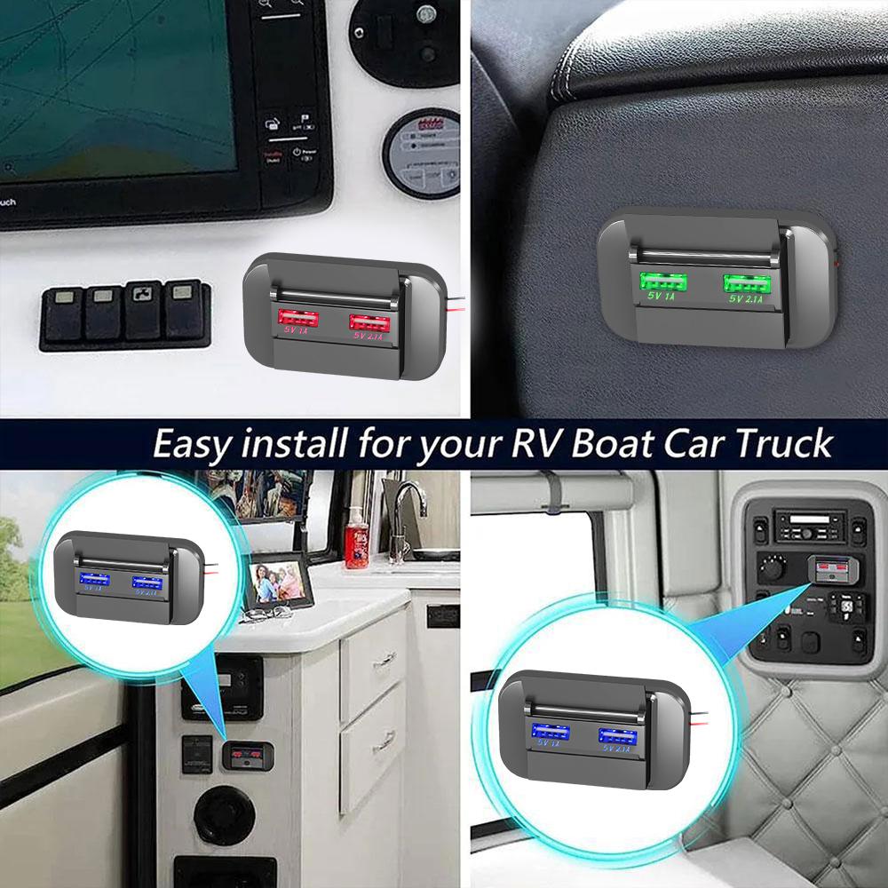 12V/24V Car Bus Charger Socket Adapter USB Power Panel Fast Charge PD Type C Dual USB Ports For Marine RV Quick Charge