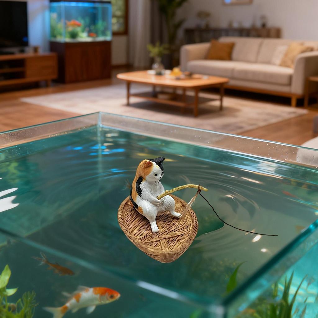 Fish Tank Decor Cute Kitten Fishing Resin Statue Aquarium Decoration For Garden Pond Home Office Landscaping Outdoor Aquatic