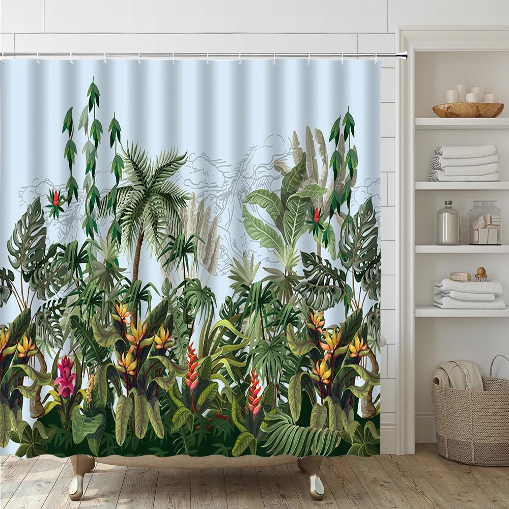 Tende da Doccia con Foglie di Palma Tropicale Set Tappeti Accessori Fiori di Plumeria Rosa Ibisco Floreale Decorazioni Bagno Tropicali Tende Tappetino da Bagno