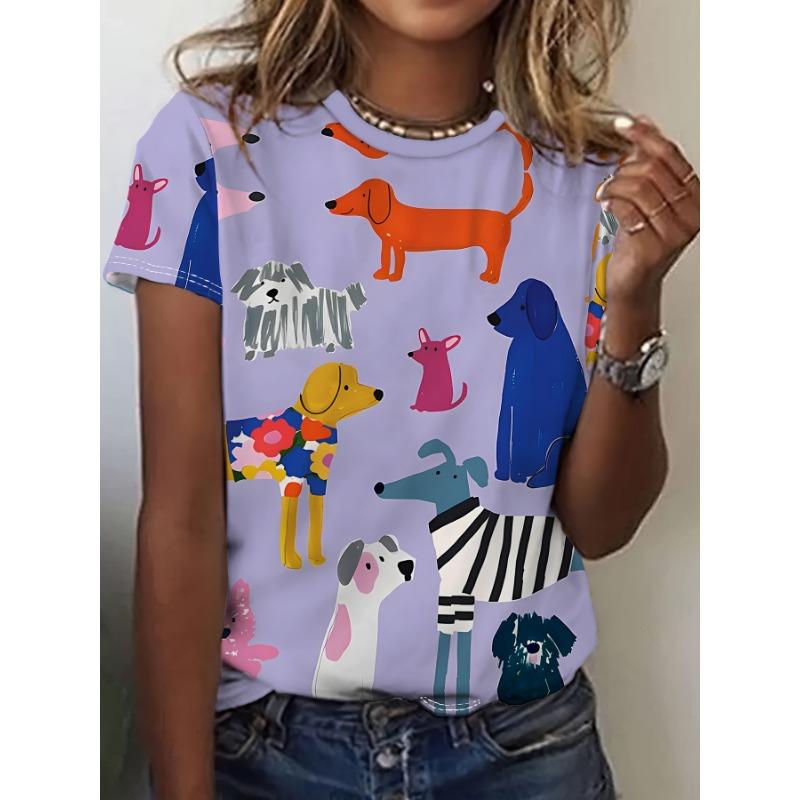 

Women s Tee - Colorful Cartoon Dog Pattern Graphic, Playful Pet Print Design for Casual Daily Wear 5XL