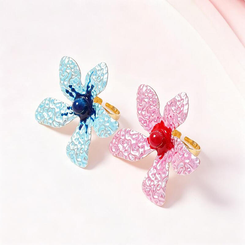 Exaggerated Metal Texture Large Flower Rings for Women Ladies Colorful Drop Oil Adjustable Rings Vacation Jewelry Accessories