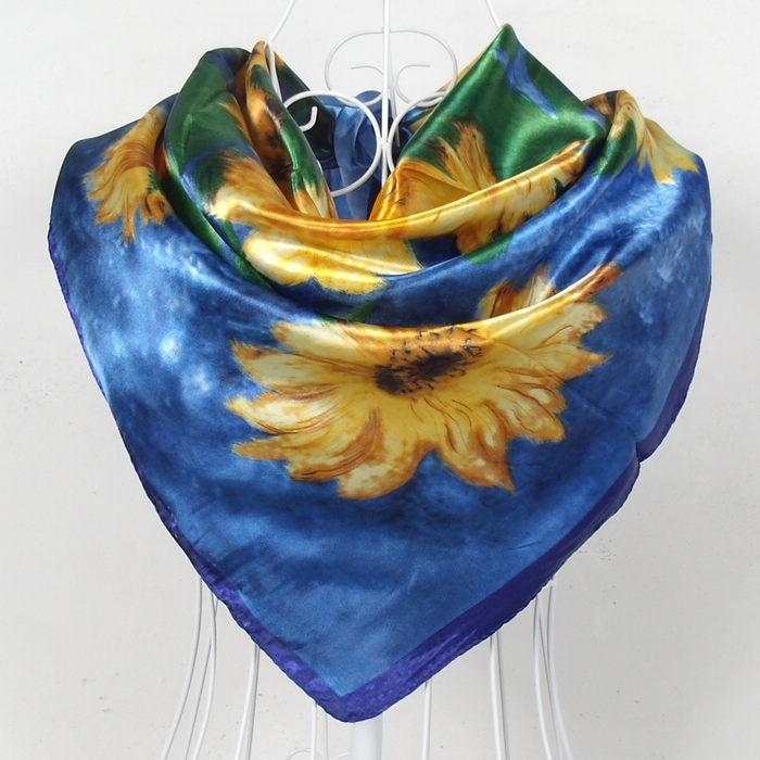 2015 Square Polyester Silk Scarf New Sunflower Pattern 90*90cm Ladies' Satin Sqaure Scarves Printed New Style Women Headscarf