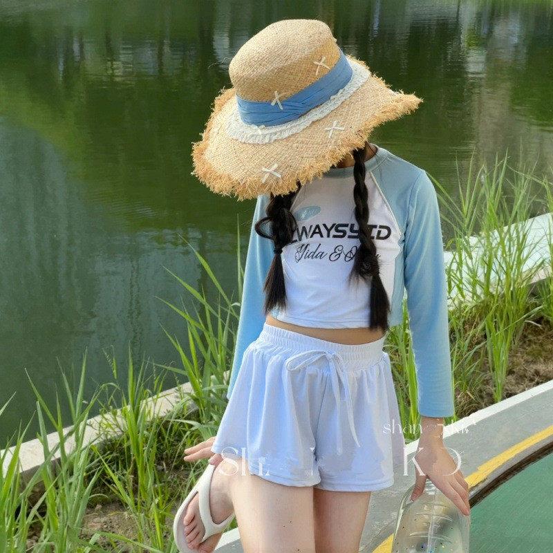 Girls Summer Two Piece Long Sleeve Swimsuit Set Stylish Kids Sun Protection Swimwear 120